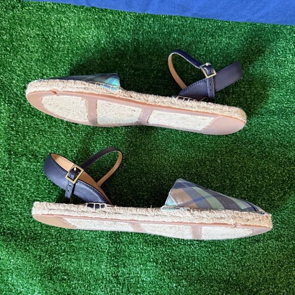 Talbots Size 9.5 Izzy D'Orsay Espadrilles Raffia Blue Madras Plaid Shoes Sandals - Picture 6 of 10